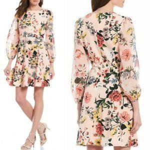 New with tag Vince Camuto Pink Floral Illusion Sleeve Fit & Flare Dress size 10